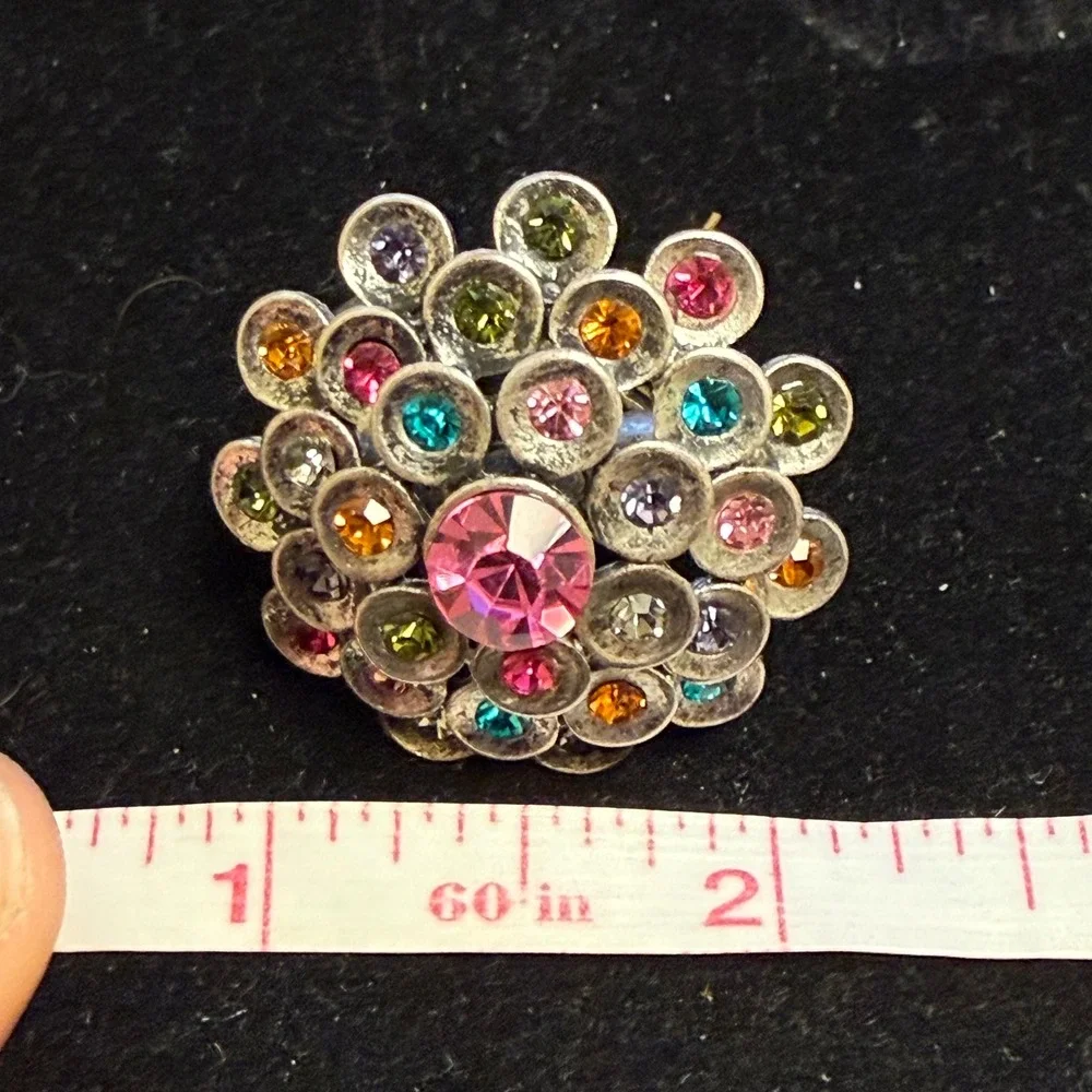 Multicolor Rhinestone Cluster Stretch‎ Cocktail Ring Antiqued Silver Tone Domed